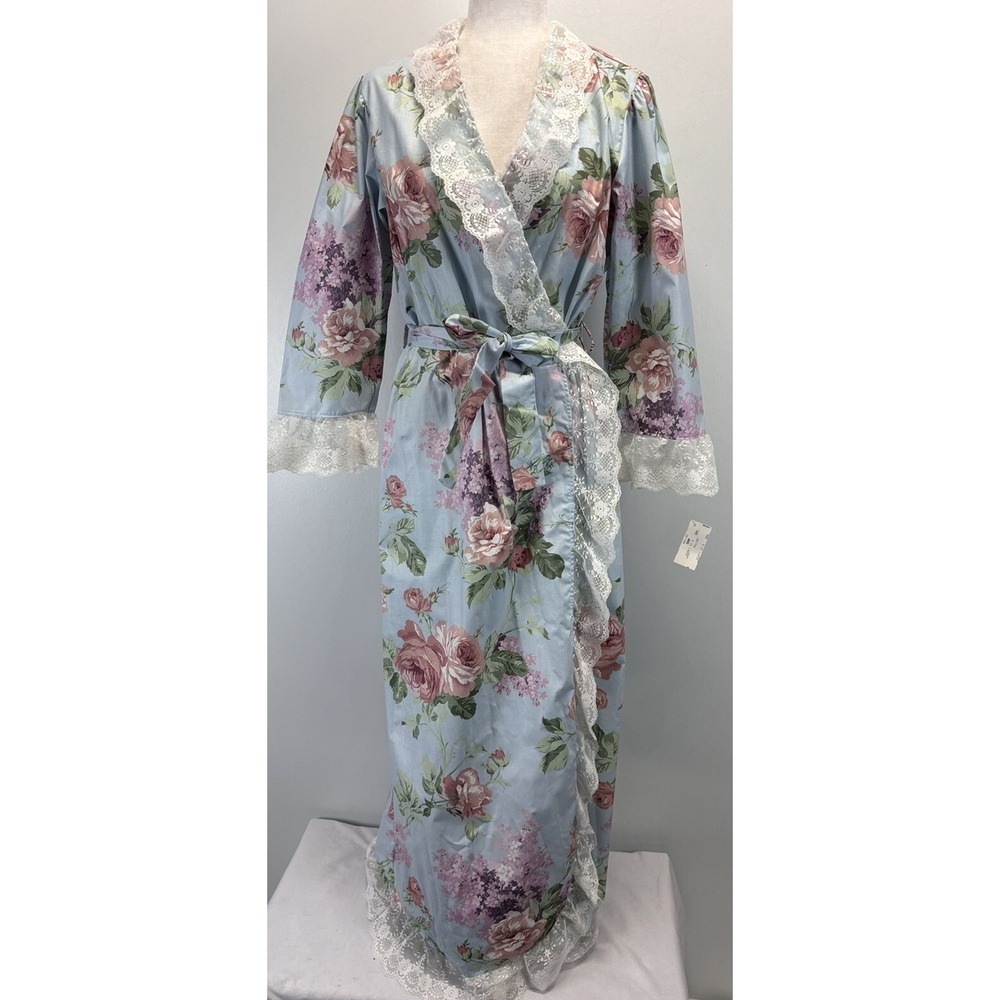 NEW! Vtg Joie De Vie Ariel Floral Cotton Robe Large Lace Trim Cottage Core Long